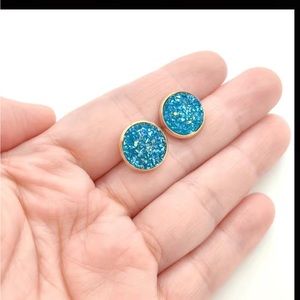 Turquoise Blue Glitter and Gold Round Stud Earrings